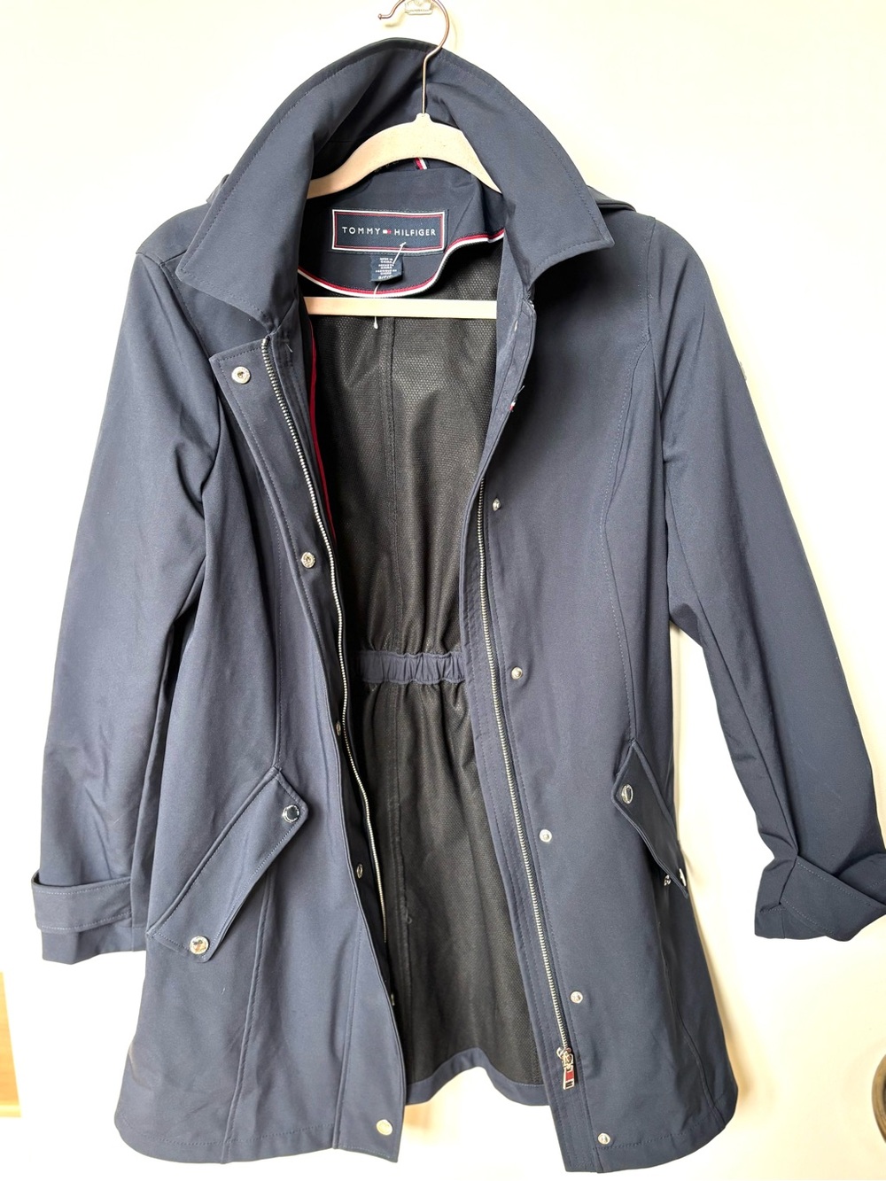 Tommy Hilfiger ladies S navy parka hood zip pockets cinch old money cozy winter